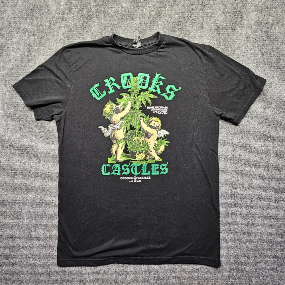 Crooks & Castles Mens Black 420 Series Cherub Cannabis Graphic T-Shirt Large
